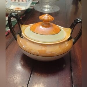Vintage 1930s Phoenix China Czech Orange and Black Iridescent Lidded Sugar Bowl